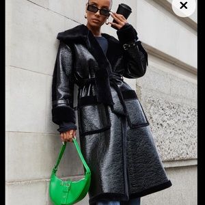 PLT Black Vinyl Contrast Faux Fur Midi Coat